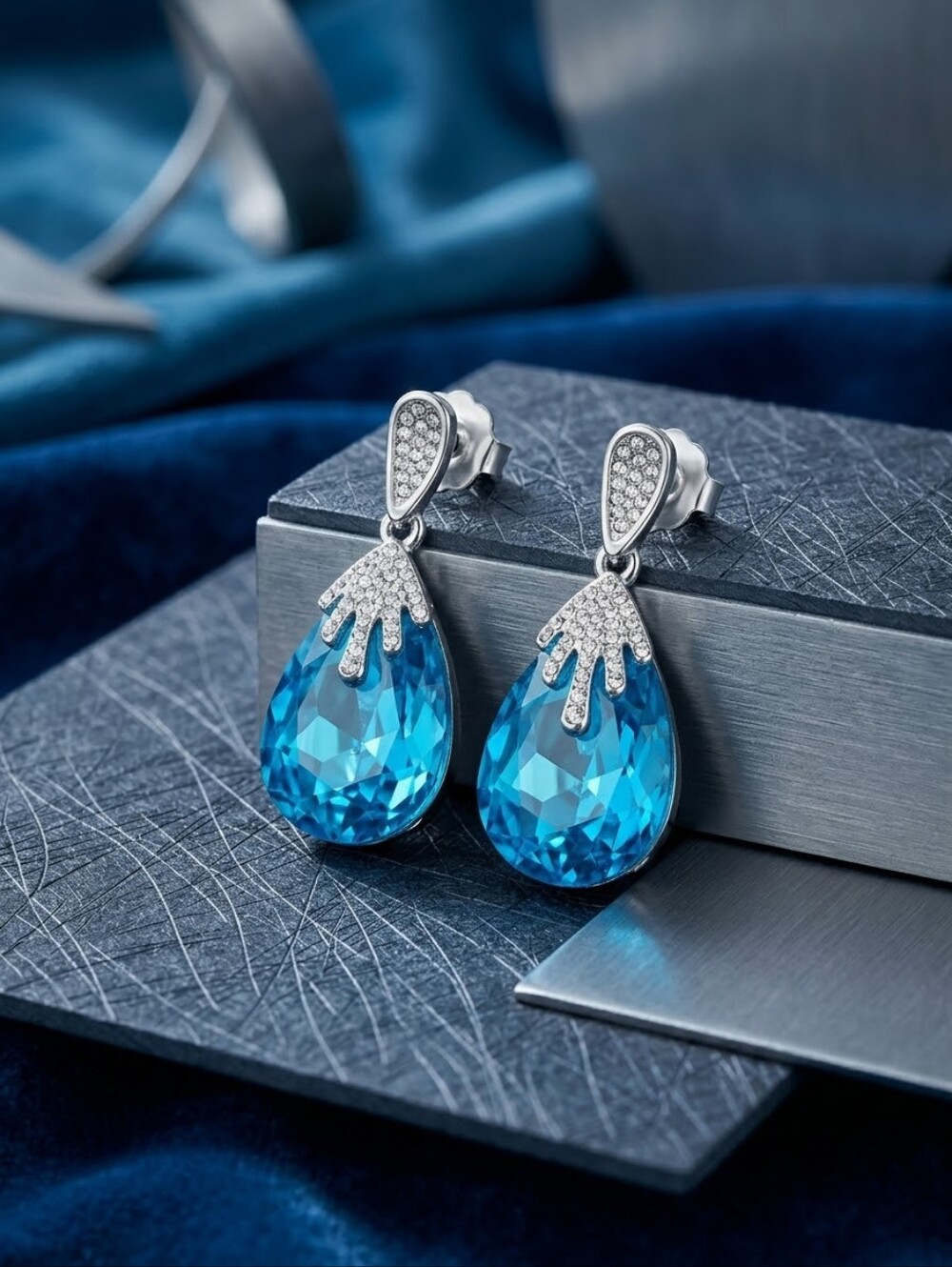 Pageant Bridal Prom Sapphire Blue Austrian Crystal Dangle Statement Earrings